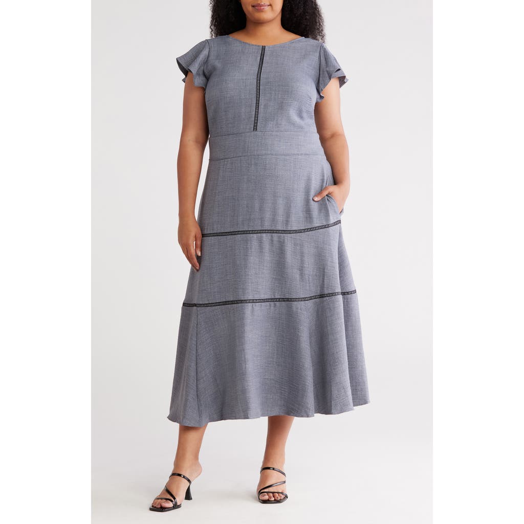 Calvin Klein Crosshatch Cap Sleeve A-line Midi Dress In Blue