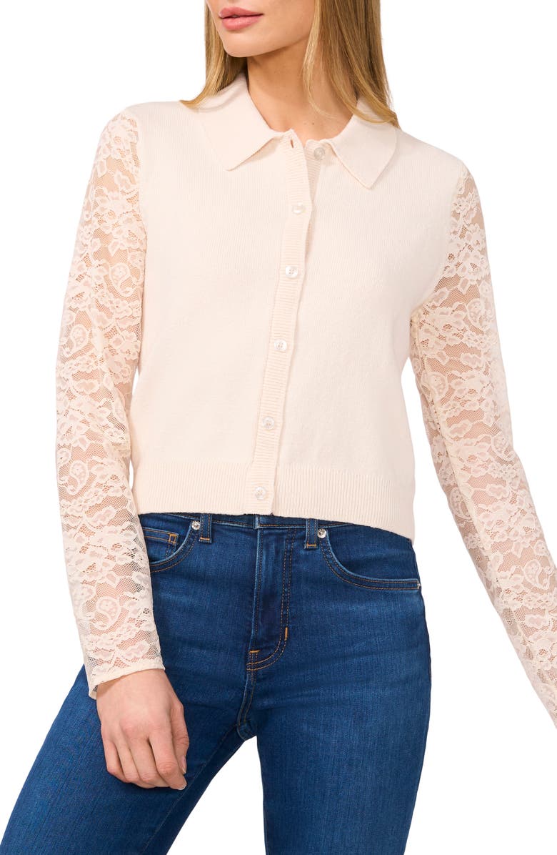CeCe Lace Sleeve Collared Cardigan, Main, color, 