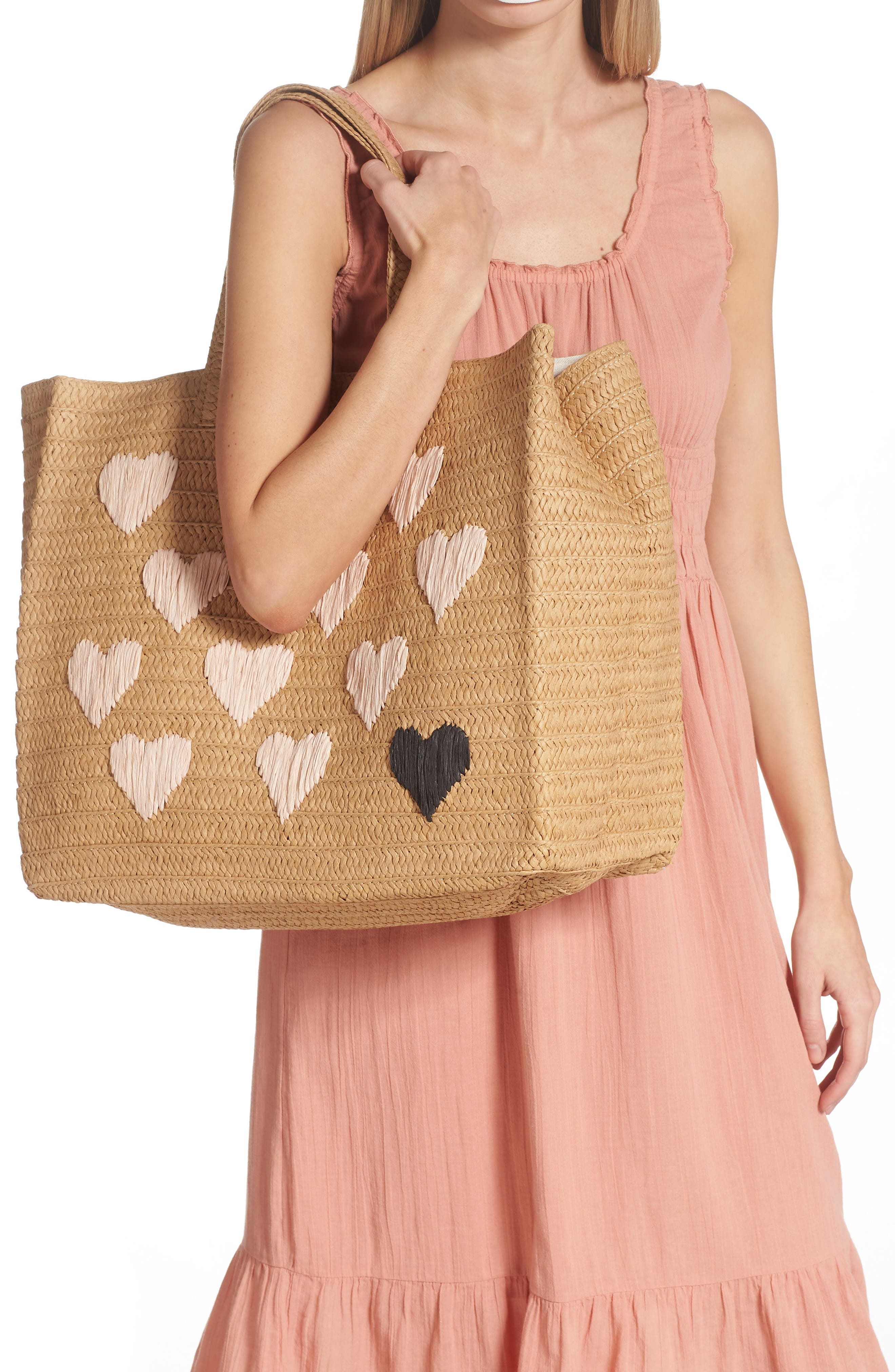 BTB Los Angeles Be Mine Straw Tote, Alternate, color, Sand/ Dusty