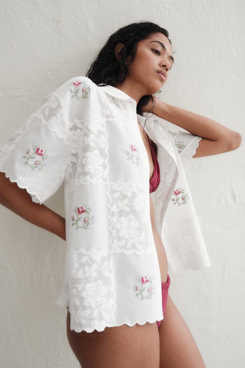 Embroidered Beach Shirt, Alternate, color, White/flowers