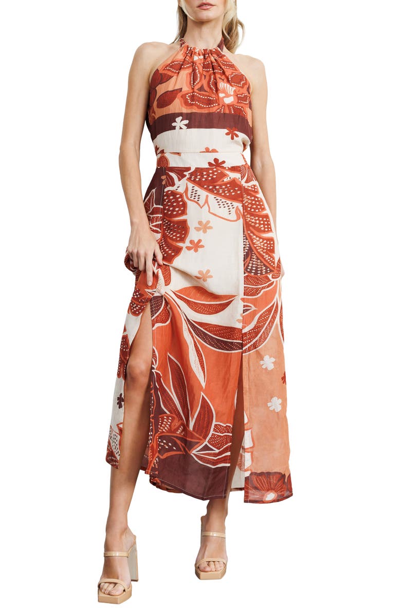 CIEBON Floral Halter Maxi Sundress, Main, color, Brown Multi