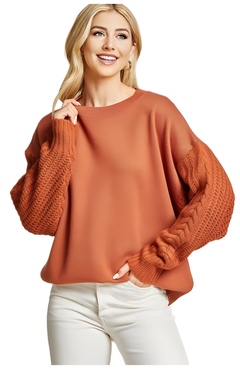 Knit and Lounge Mixed Media Knit Textured Cable-Sleeve Pullover, Alternate, color, 