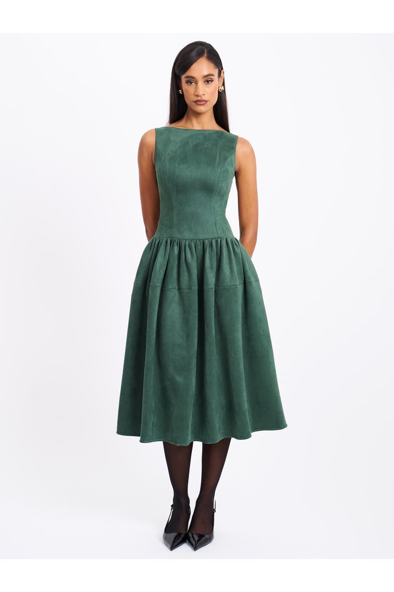 Laila Suede Boat Neck Backless Midi Dress, Alternate, color, Green