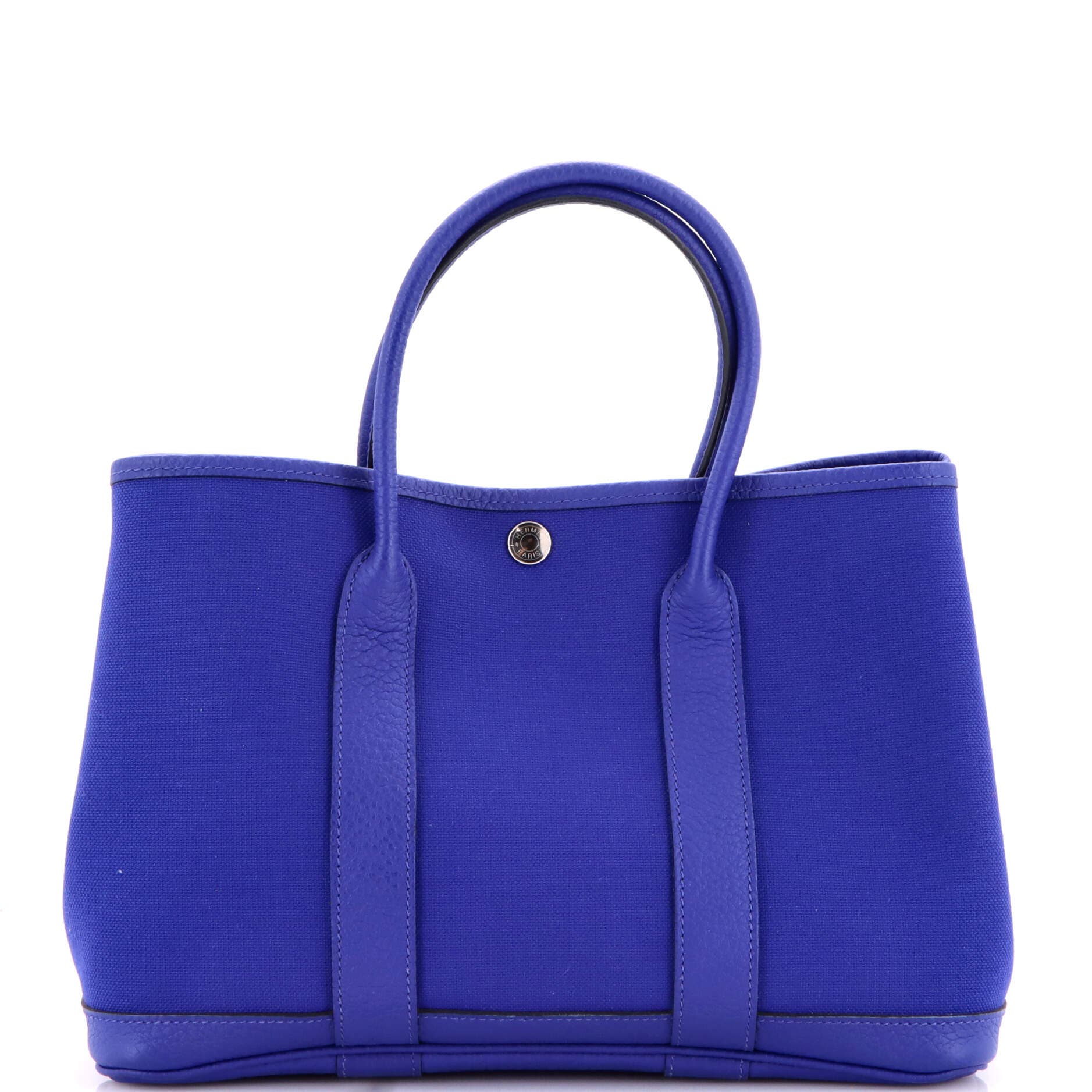 Pre-Owned Hermes Garden Party Tote Toile and Leather 30, Main, color, Bleu Electrique