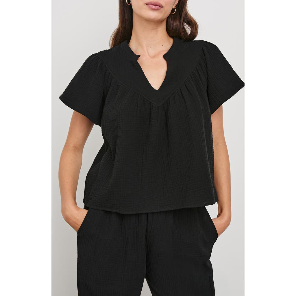 Rails Sayer Organic Cotton Gauze Split Neck Top In Black
