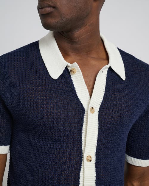 Onia Linen Short Sleeve Button Up Sweater In Deep Navy/white