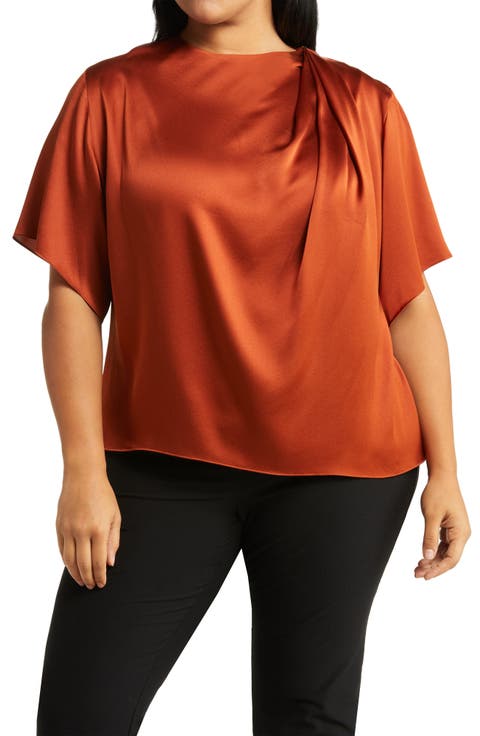 Drape Neck Flutter Sleeve Silk Top (Plus)