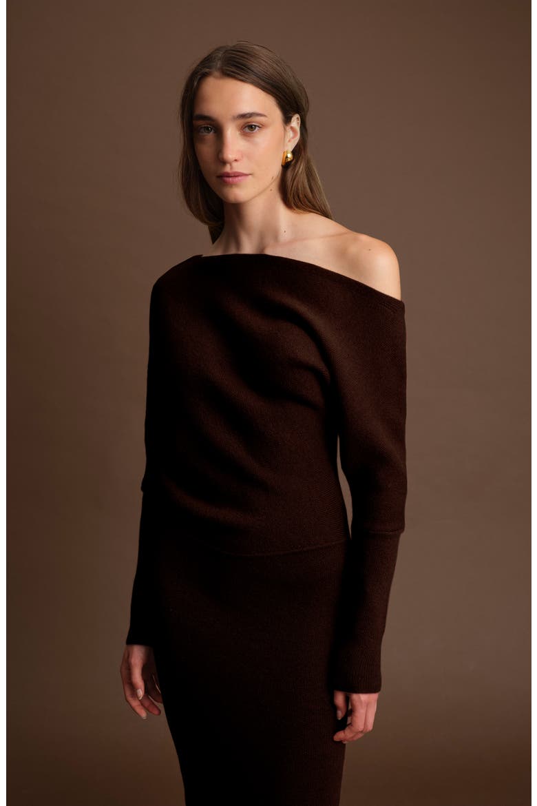 Elijah One-Shoulder Long Sleeve Midi Sweater Dress, Alternate, color, CACAO