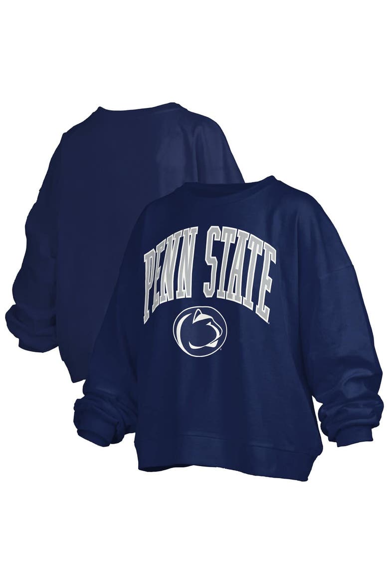 Women's Pressbox Navy Penn State Nittany Lions Janise Arch Over Logo Waist Length Oversized Pullover Sweatshirt, Main, color, Navy