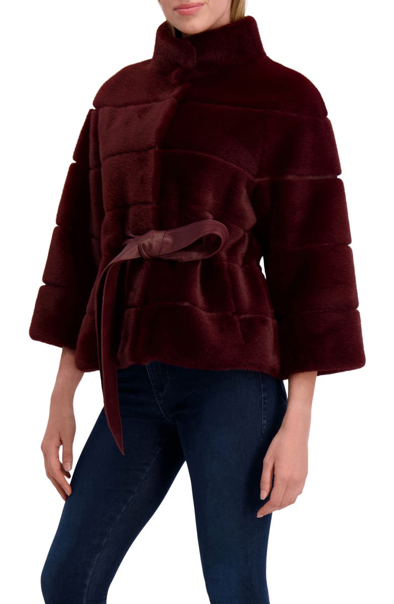 Lyla Grant Fur-Free Mink (Faux Fur) Jacket, Belt, Alternate, color, Wine