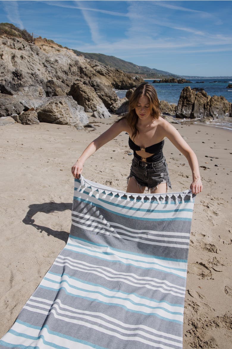 Cove Striped Organic Turkish Towel with Soft Terry Cloth Back, Alternate, color, Black and Turquoise
