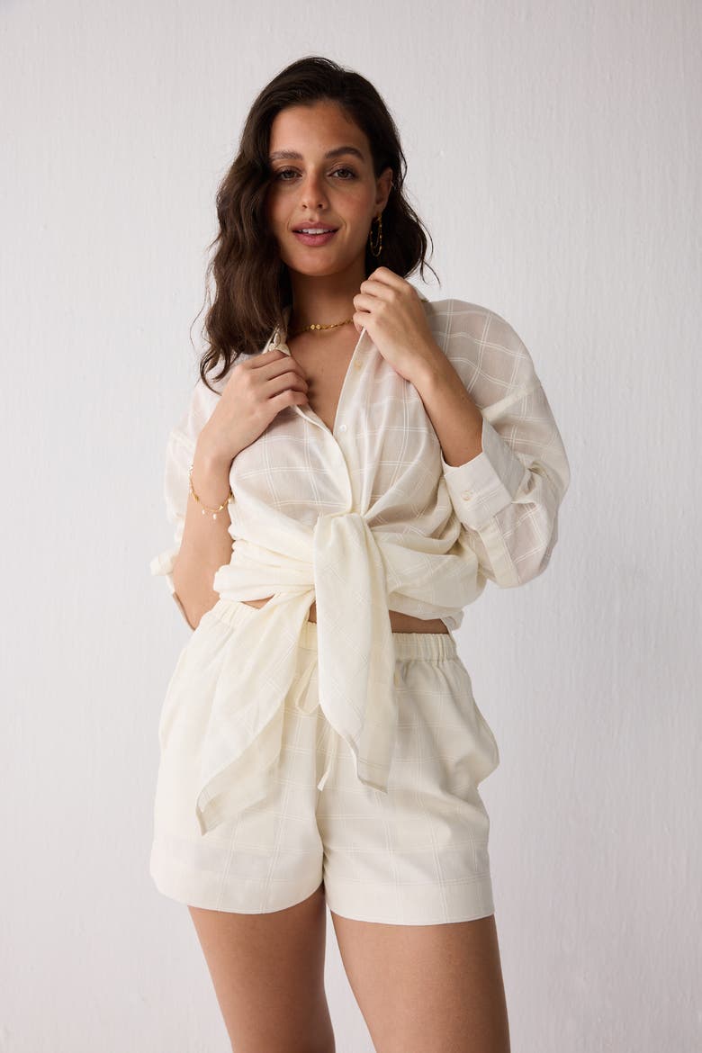 Relaxed Shirt & Shorts Set in Off-Textured Cotton, Alternate, color, Textured Checks