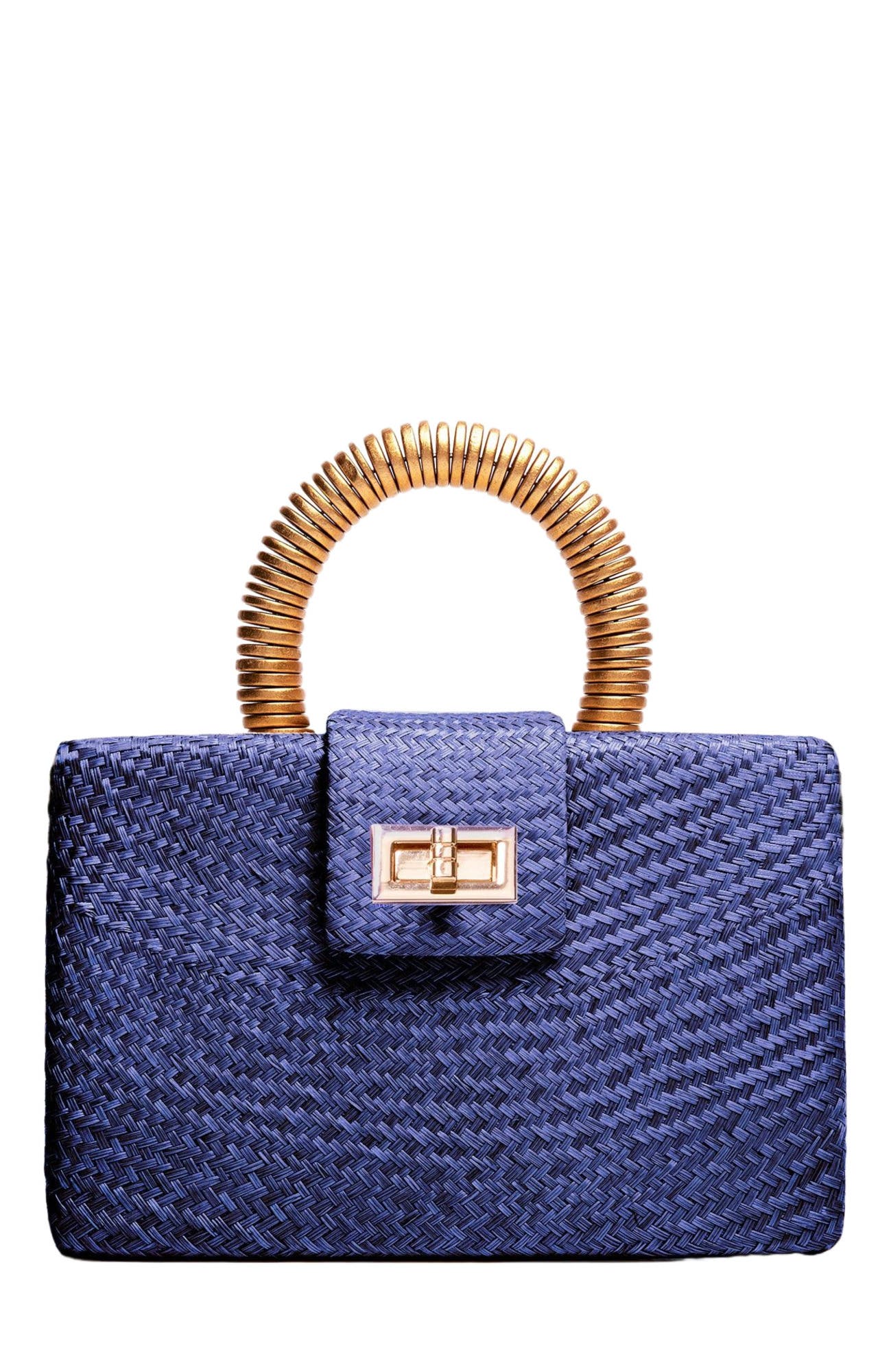 Soli & Sun THE GRACIE Woven Buntal Straw Clutch Bag in Navy Blue & Gold 