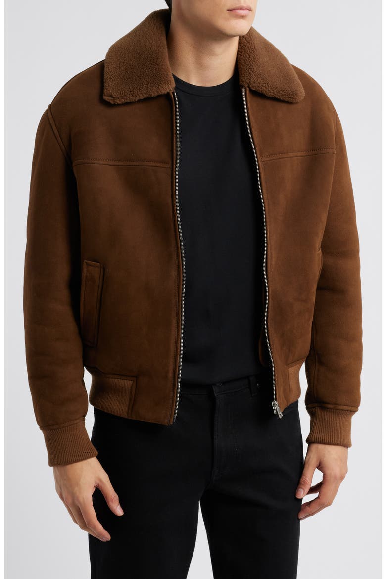 Suede & Genuine Shearling Bomber Jacket, Main, color, DARK CAMEL
