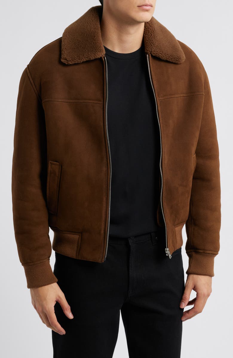 FRAME Suede & Genuine Shearling Bomber Jacket, Main, color, Dark Camel