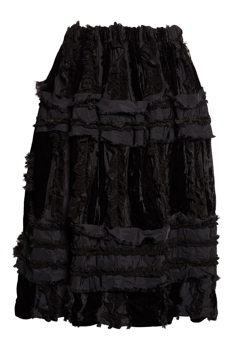 Mixed Material Ruffle Midi Skirt, Alternate, color, BLACK