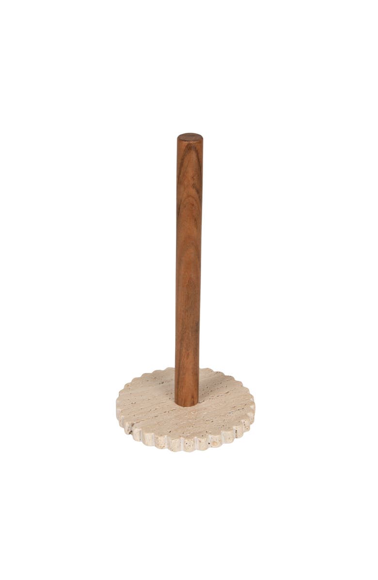 Storied Home Acacia Wood Paper Towel Holder with Scalloped Travertine Base, Natural and Cream Color, Main, color,