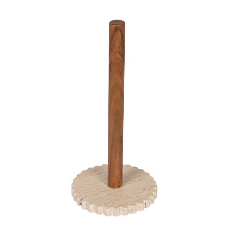 Acacia Wood Paper Towel Holder with Scalloped Travertine Base, Natural and Cream Color