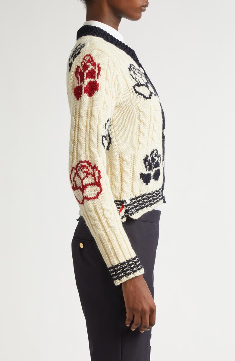 Thom Browne Rose Intarsia Cable Knit Wool & Mohair Cardigan, Alternate, color,