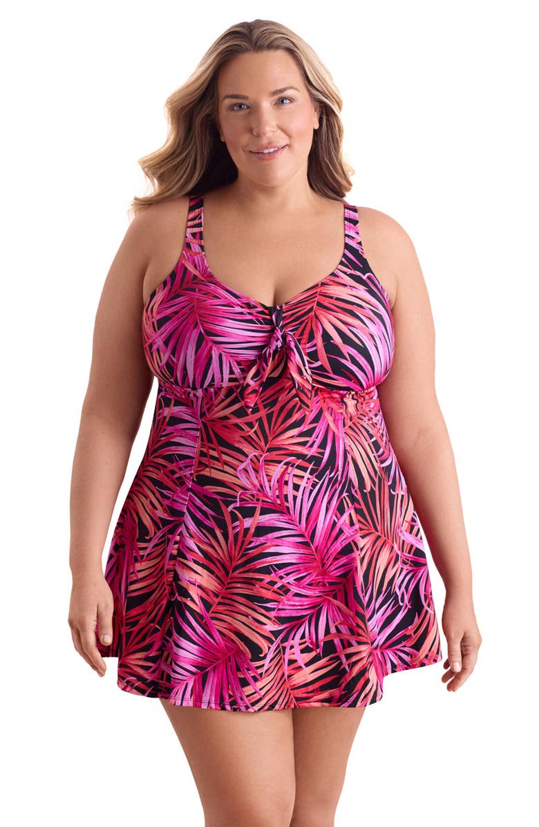 ShapeSolver Bow Front Plus Size Swim Dress, Main, color, Shake A Palm