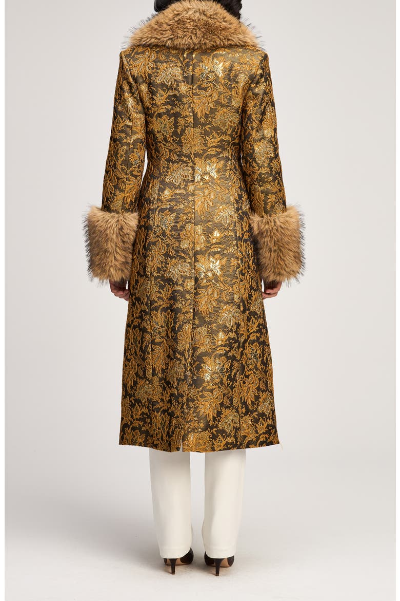 Ivella Floral Jacquard Coat with Faux Fur Trim, Alternate, color, GOLD