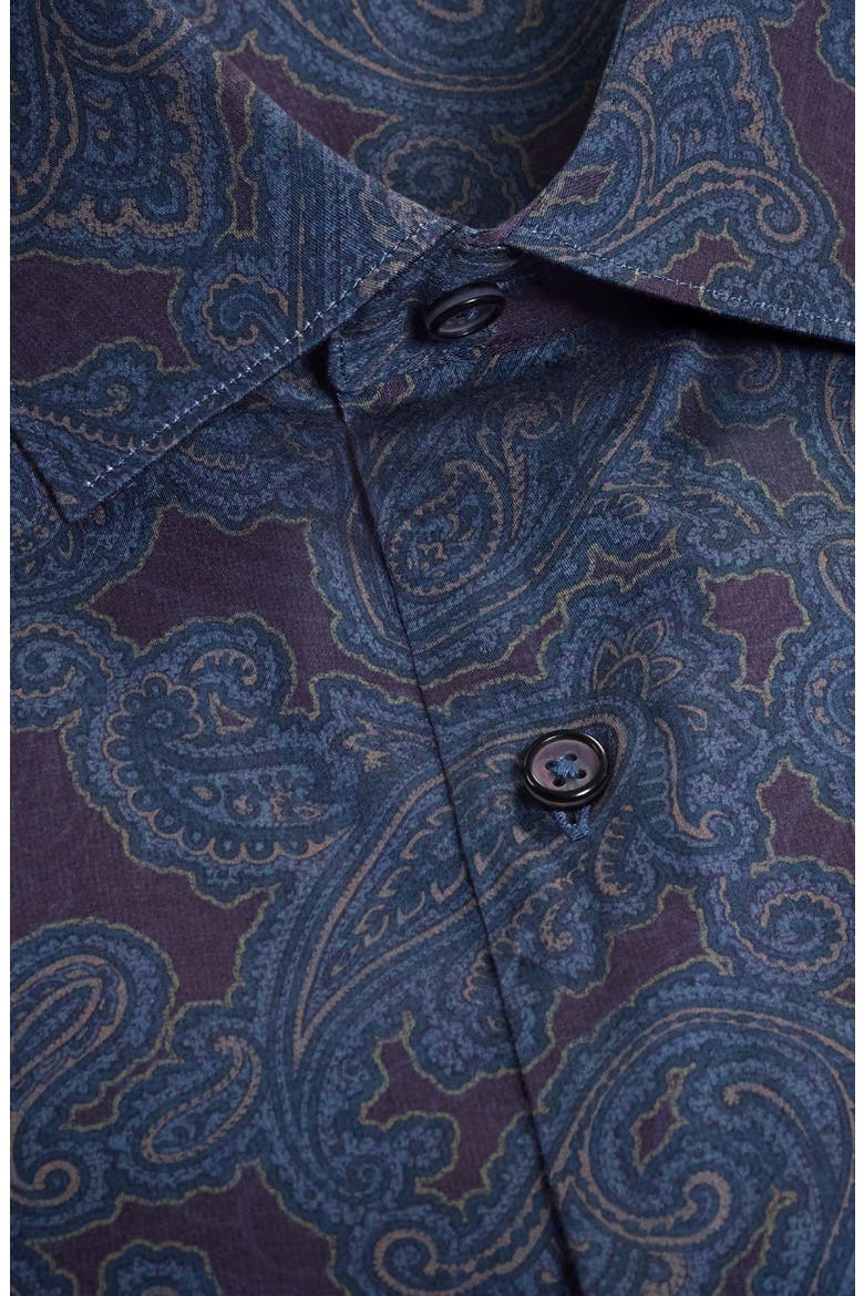 Axel Shaped Fit Paisley Stretch Button-Up Shirt, Alternate, color, EGGPLANT