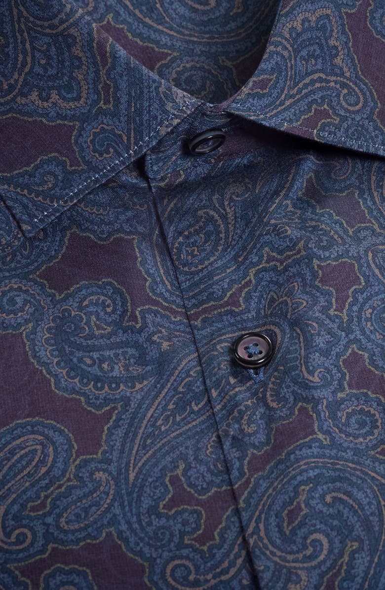 Bugatchi Axel Shaped Fit Paisley Stretch Button-Up Shirt, Alternate, color, Eggplant