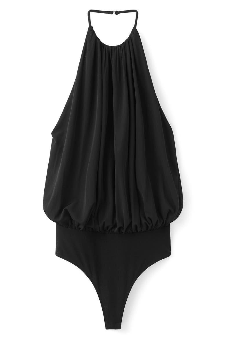 Balloon Effect Halter Bodysuit, Alternate, color, BLACK