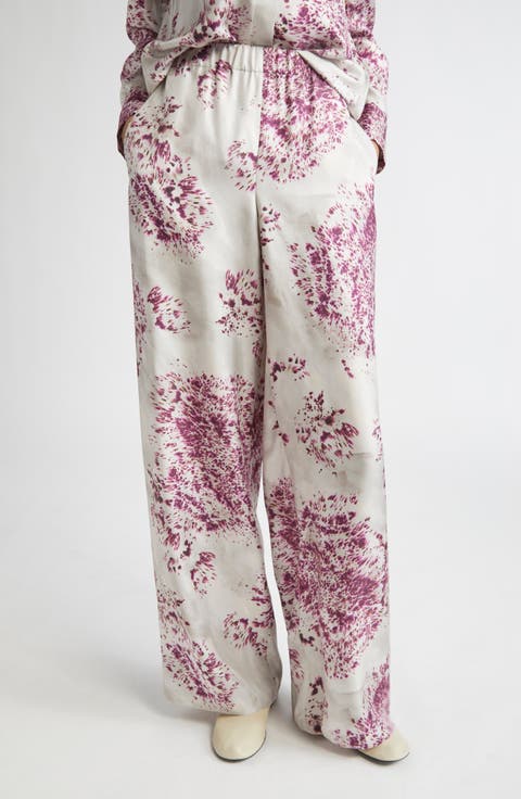 Riverside Spotted Glaze Print Wide Leg Silk Twill Pants