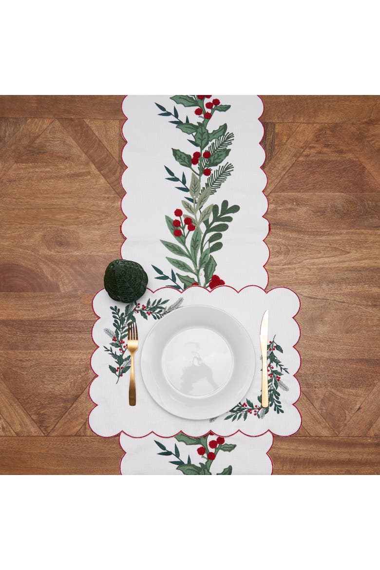 Merry Mistletoe Embroidered Botanical Runner 14" x 72", Alternate, color, Red