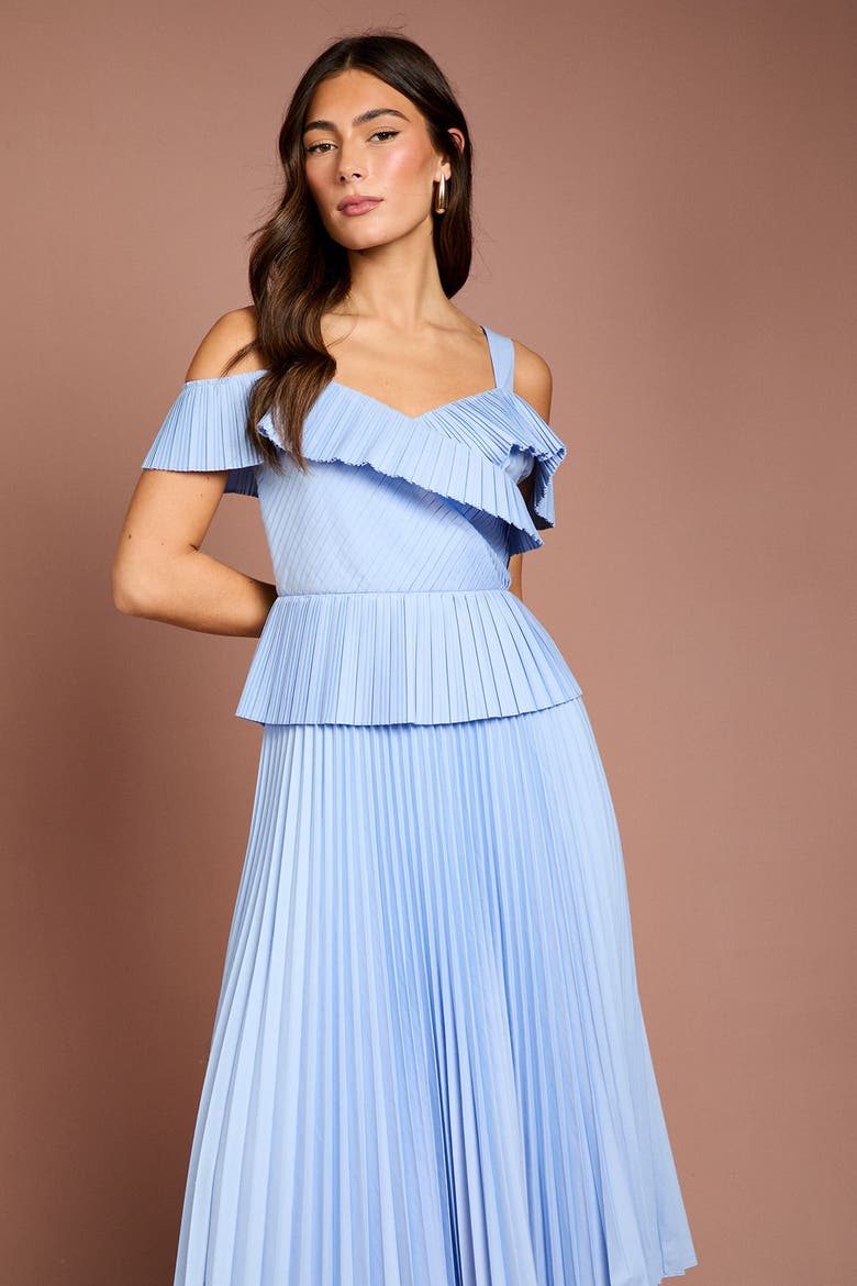 Pleated V-Neck Midi Dress, Alternate, color, Light Blue