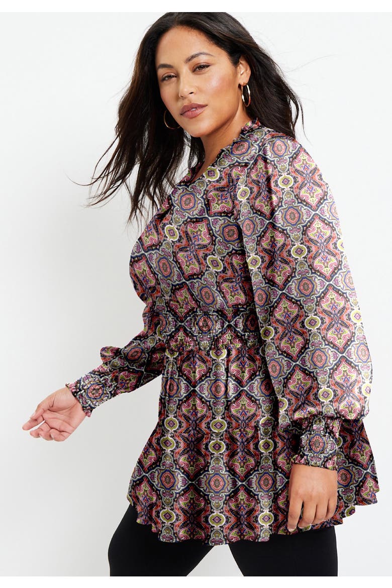 Smocked Georgette Tunic, Alternate, color, FALL PAISLEY COPPER