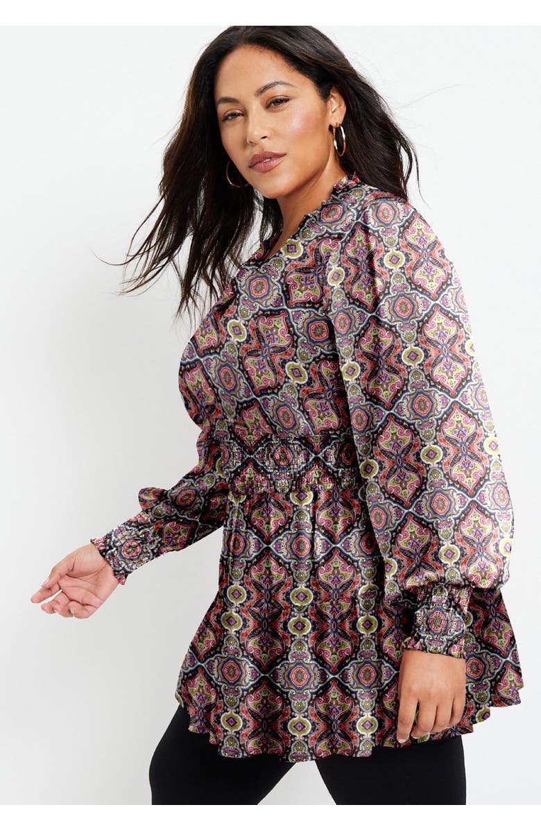 June + Vie Smocked Georgette Tunic, Alternate, color, Fall Paisley Copper
