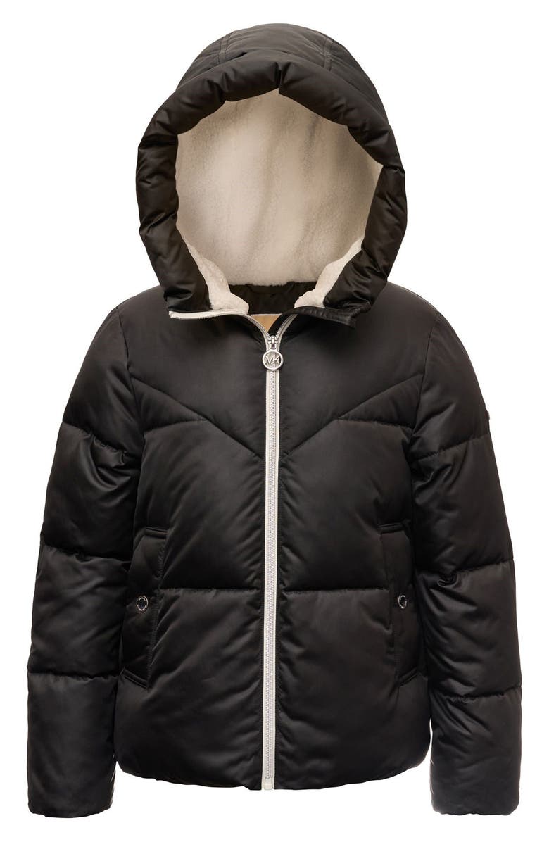 Michael Kors Kids' Fleece Lined Satin Puffer Jacket, Main, color, Black