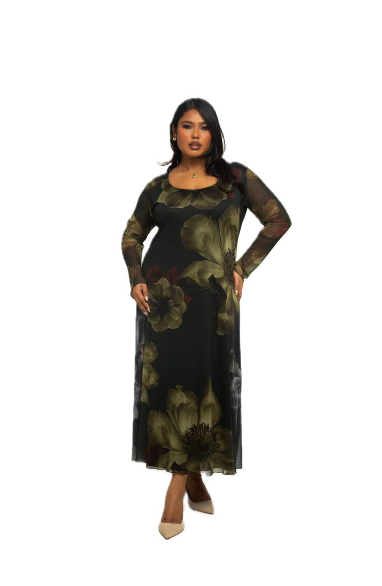 FASHION-SZN CURVE Mesh Floral Print Midaxi Dress, Main, color, 