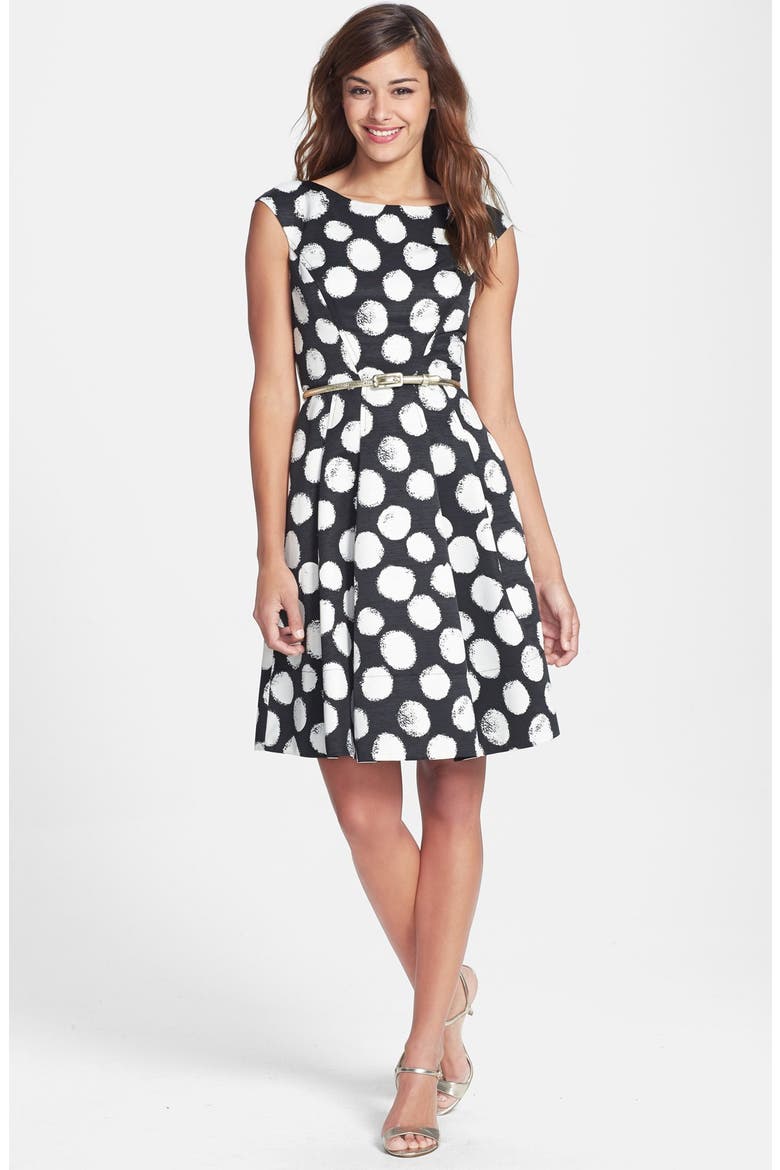 Polka Dot Faille Fit & Flare Dress, Alternate, color, BLACK/ IVORY