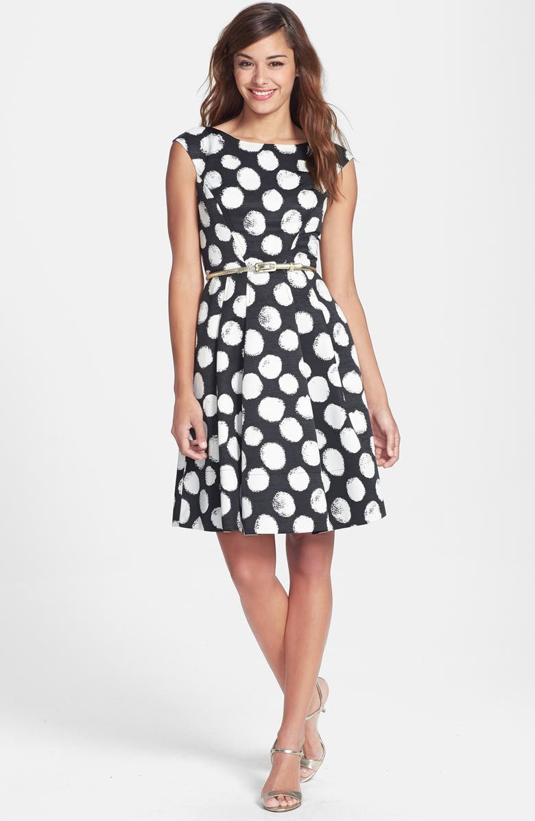 Eliza J Polka Dot Faille Fit & Flare Dress, Alternate, color, 