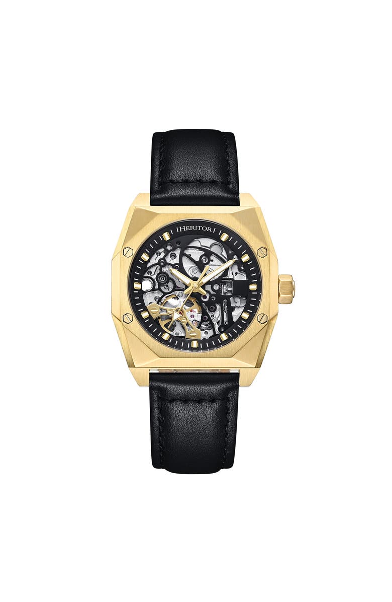 Heritor Automatic Elliott Leather-Band Watch, Main, color, Gold/Black