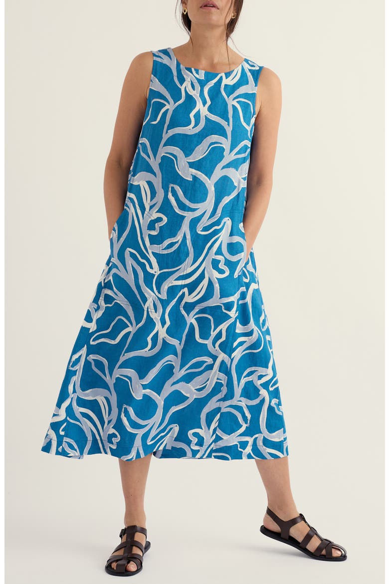 Cresting Waves Sleeveless Linen A-Line Dress, Main, color, SPRING ROOTS SAILBOATS