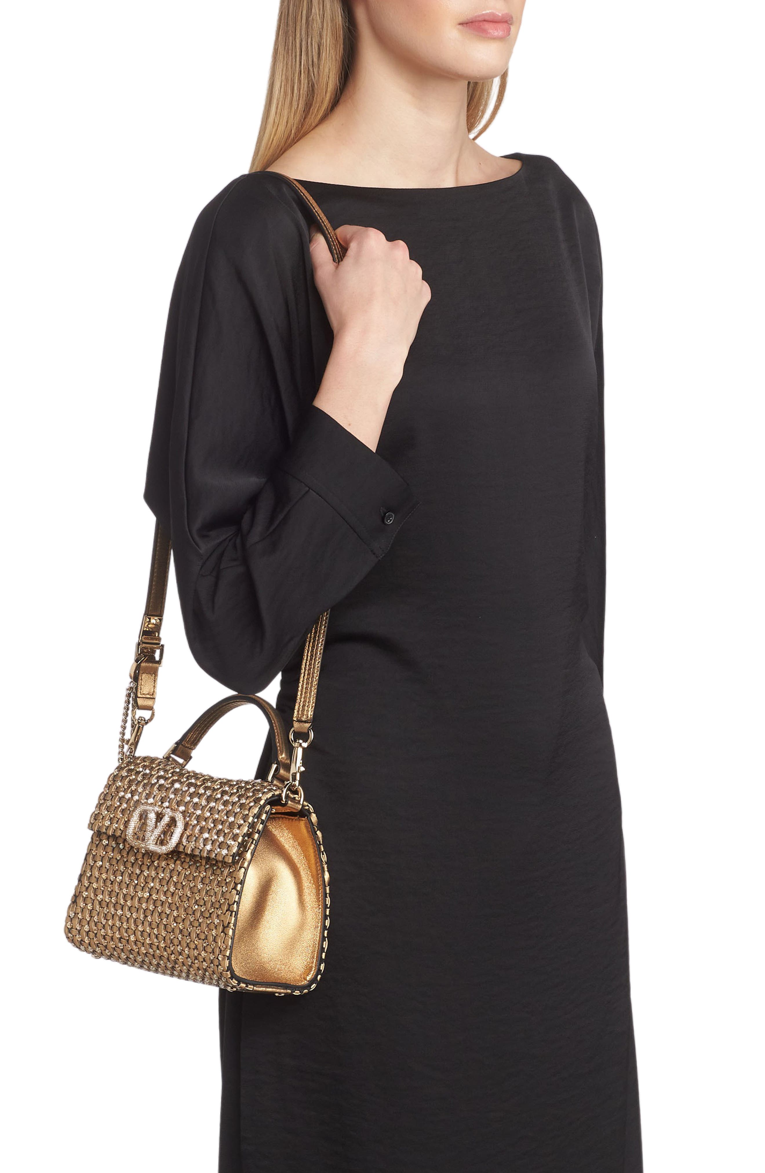 Valentino Garavani Mini VSling Sequin Embellished Woven Metallic Leather Top Handle Bag, Alternate, color, 