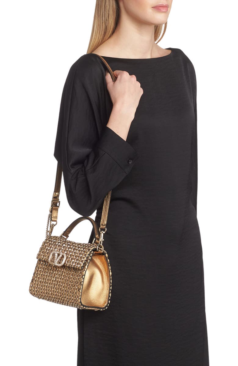 Valentino Garavani Mini VSling Sequin Embellished Woven Metallic Leather Top Handle Bag, Alternate, color, Antique Brass/Crystal Golden
