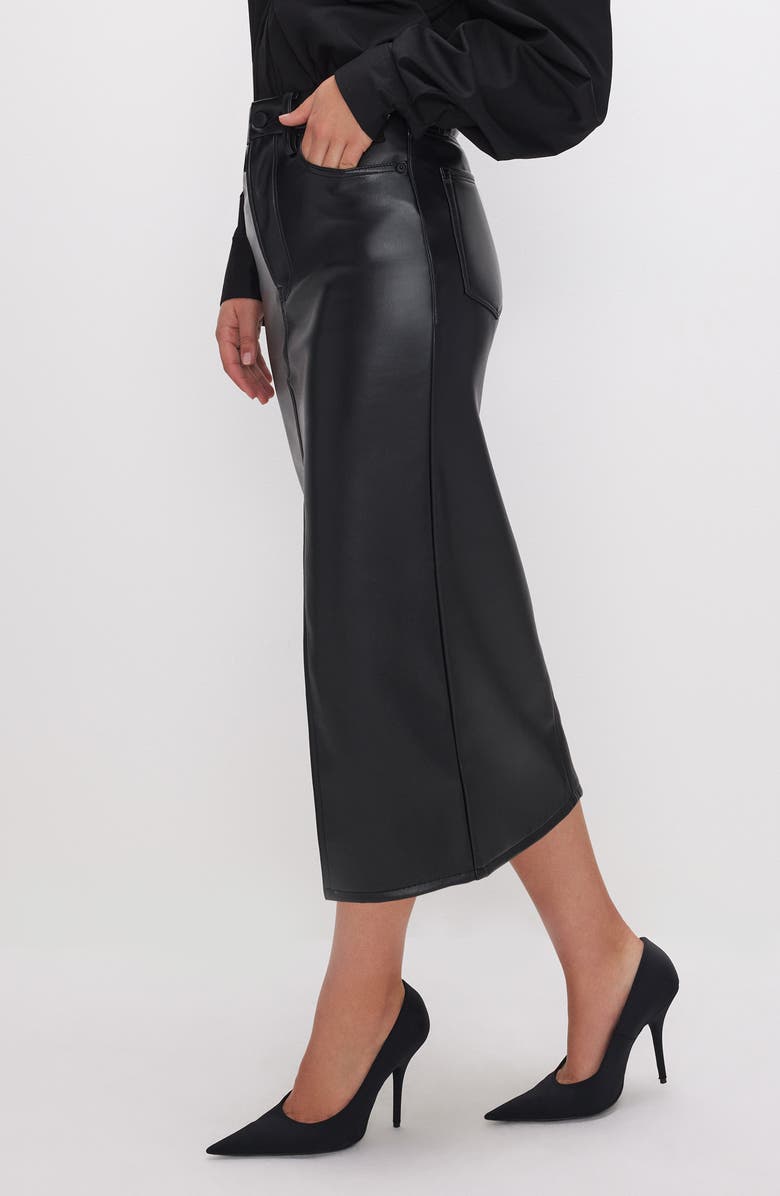 Good American Faux Leather Slit Front Midi Skirt, Alternate, color, Black001