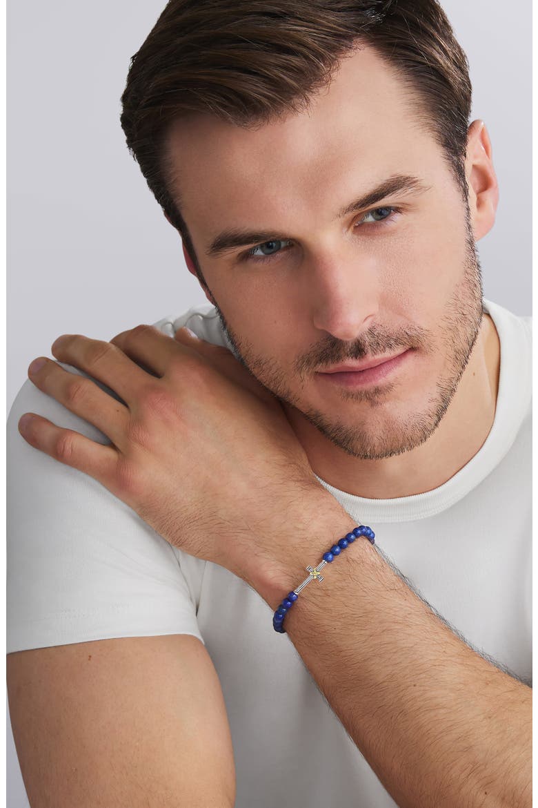 Men's Anthem Cross Lapis Beaded Stretch Bracelet, Alternate, color, SILVER