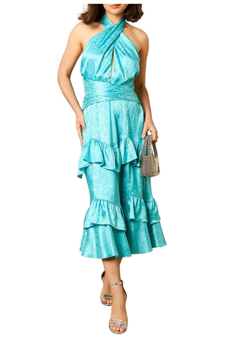 Oasis Halterneck Satin Jacquard Midi Dress, Alternate, color, Aqua