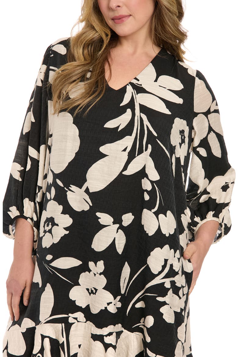 Floral Short Sleeve Flounce Hem Shift Dress, Alternate, color, BLACK IVORY