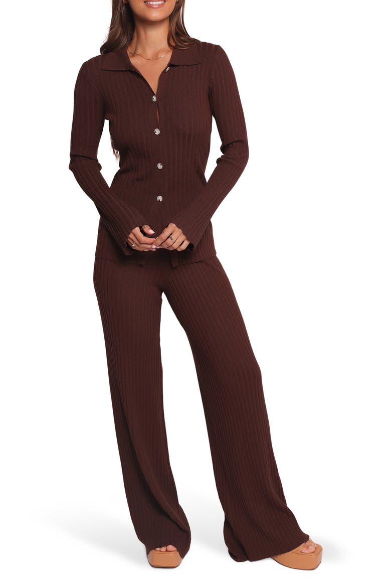 Aylia Rib Knit Top & Flare Leg Pants Set, Main, color, CHOCOLATE