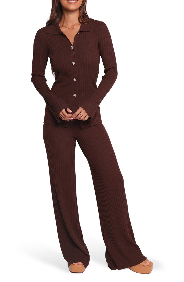 Petal & Pup Aylia Rib Knit Top & Flare Leg Pants Set, Main, color, Chocolate