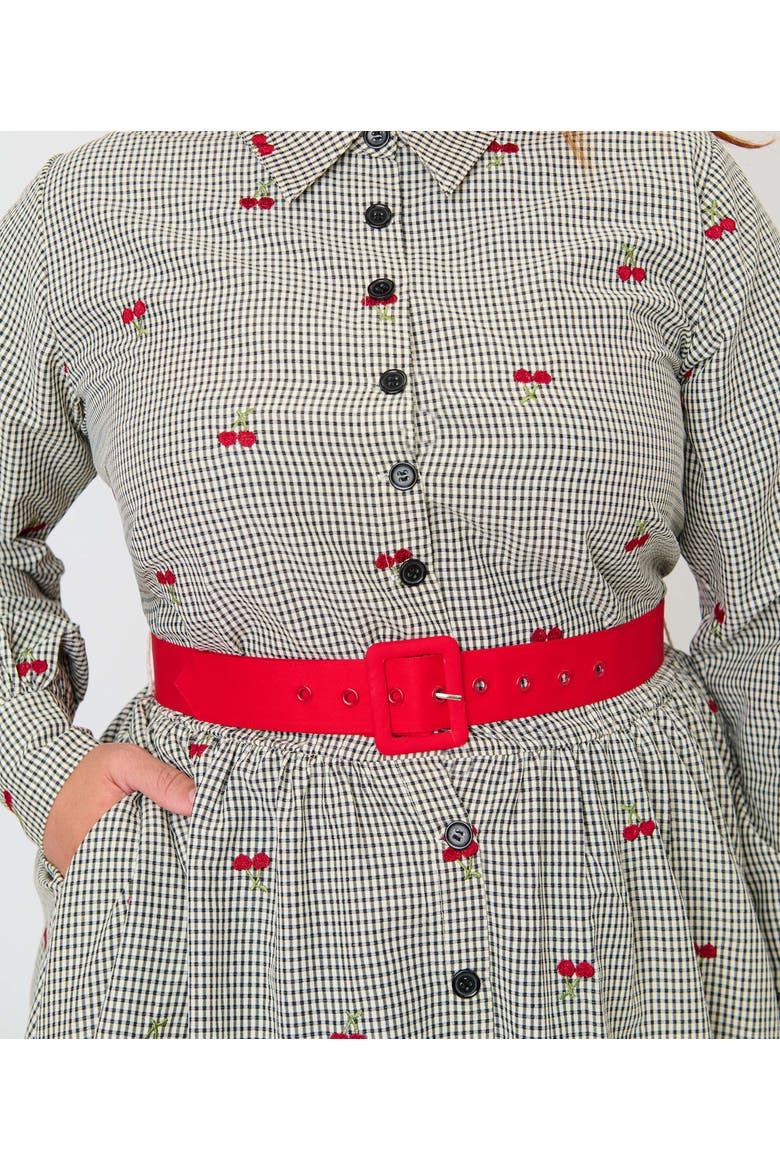 Plus Size Long Sleeve Belted Shirt Dress, Alternate, color, Grey Gingham Cherry Print