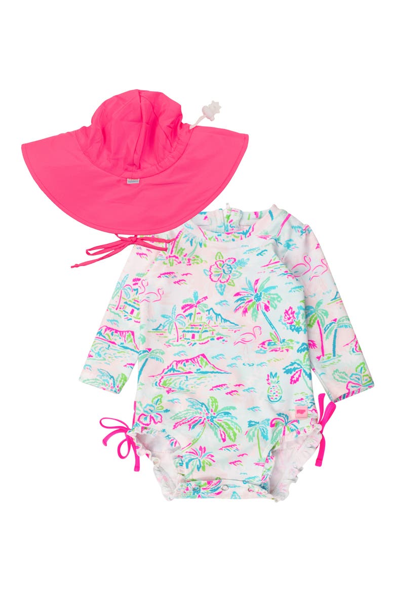 Tropical Resort One-Piece Rashguard Swimsuit & Hat Set, Main, color, PINK