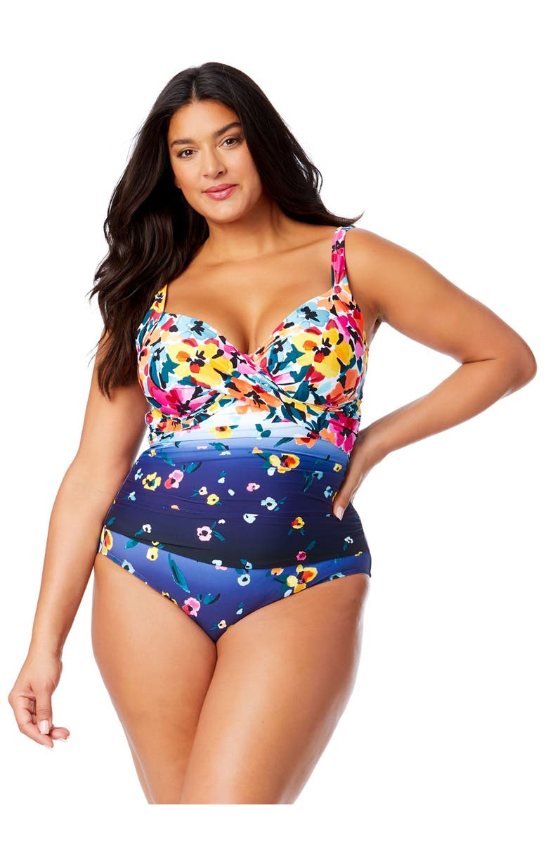 Anne Cole Plus Women's Plus Gradient Floral Underwire Surplice One Piece Swimsuit, Main, color, Gradient Floral